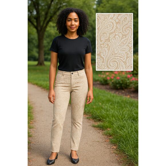 Talbots Slim Ankle Jean Sz 8P Petite Stretch Neutral Paisley Print Quietlux - Picture 2 of 10